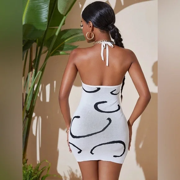 SHEIN VaVaLuxe Graphic Print Halter Bodycon Sweater Dress - Picture 3 of 4
